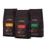 Zestaw degustacyjny Astra Łagodna:  1 x ASTRA kawa Tradycyjna ziarnista 1kg, 1 x ASTRA Kawa Łagodna Crema ziarnista 1kg, 1 x ASTRA Kawa Łagodna Espresso ziarnista 1kg
