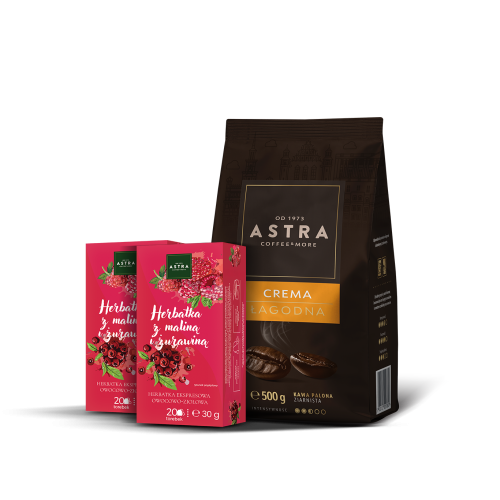 ASTRA Zestaw Kawa Łagodna Crema 500g ziarnista + 2x Herbatka z maliną i żurawiną 20 tor. ex.