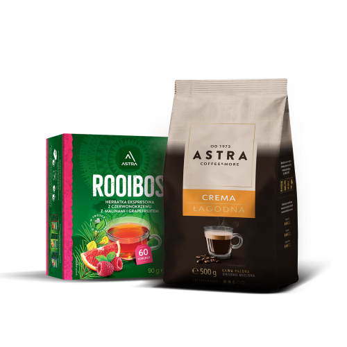 ASTRA Zestaw Kawa Łagodna Crema 500g drobno mielona + ROOIBOS z maliną i grapefruitem ex. 90G