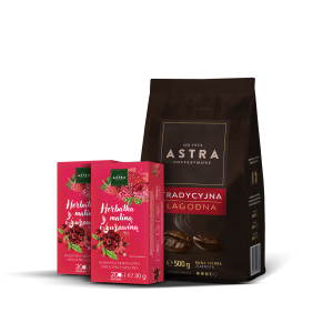 ASTRA Zestaw Kawa Tradycyjna 500g ziarnista + 2x Herbatka z maliną i żurawiną 20 tor. ex.