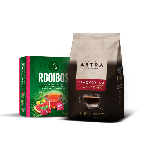ASTRA Zestaw Kawa Tradycyjna 500g drobno mielona + ROOIBOS z maliną i grapefruitem ex. 90G